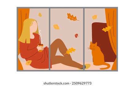 cozy autumn illustration, woman with warm drink and a cat, framed by window with falling leaves. Perfect for postcards, banners, or seasonal decor, it captures the essence of autumn's tranquility 