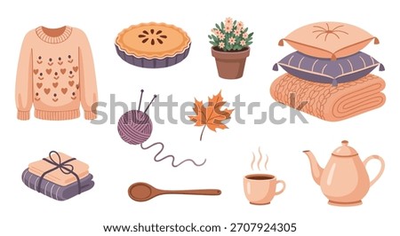 Cozy autumn illustrations featuring a sweater, pie, yarn, pillows, and a teapot with steaming coffee.