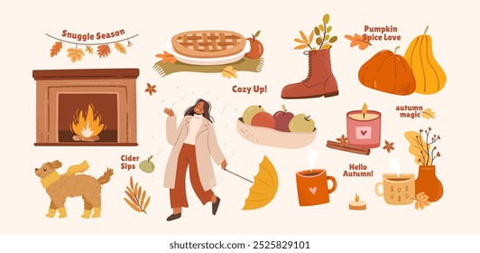 Cozy autumn illutration set. Fall slow life moments isolated stickers. Hand drawn flat vector style.