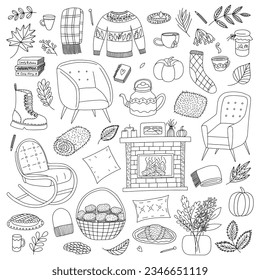 Acogedor conjunto de doodle con elementos interiores de otoño. Juego de boceto de símbolos interiores de otoño dibujado a mano