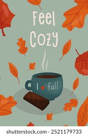 Cozy Autumn items. Cocoa mug with chocolate on a blue background with orange autumn leaves and the inscription feel cozy. Vector illustration