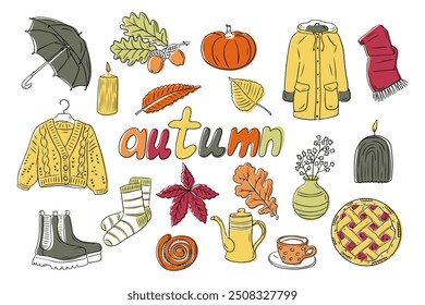 Cozy autumn items in colored outline doodle style. Multicolored hygge contour stickers. Vector clipart of sketchy flat drawings isolated on white background.