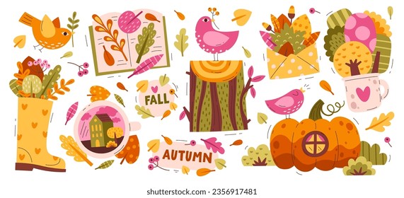 Cozy autumn items and objects with floral decoration and leaves ornaments design vector illustration. Fall season botany elements, birds and greeting card envelop, romantic warm graphic symbols