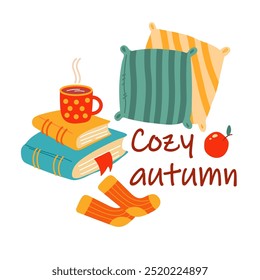 Cozy Autumn items: pillows, book, coffee mug, apple, socks. Idea of coziness and comfortable lifestyle, winter and autumn mood. Hygge hand drawn vector illustration.