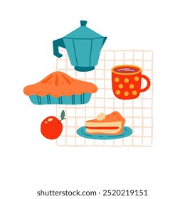 Cozy Autumn items. Tea, pumpkin pie, apple, teapot, coffee mug on a checkered tablecloth. Idea of coziness and comfortable lifestyle, winter and autumn mood. Hygge hand drawn vector illustration.