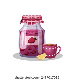 Cozy autumn. A jar of strawberry jam and a cup of tea with lemon on a white background. Treating colds with warm drinks. Delicious and healthy drinks. Vector illustration.