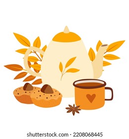 Cozy autumn kettle, cup of tea and cupcake on white background. Hand drawn hot drink and leaves vector illustration