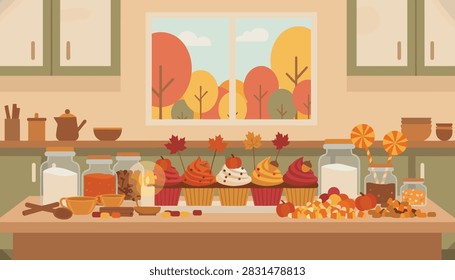Cozy autumn kitchen table filled with glass storage jars, homemade cupcakes decorated with maple leaves, and a fall window view.