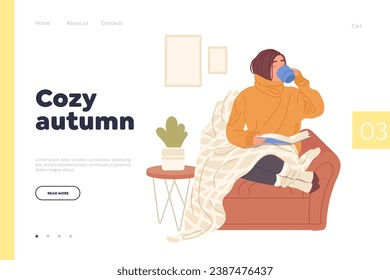 Cozy autumn landing page template with restful woman cartoon character reading drinking tea at home