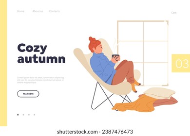 Cozy autumn landing page template with relaxed young woman sitting on chair enjoying hot aroma drink