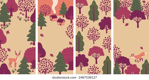 Cozy Autumn Landscape: Cute Houses and Woodland Animals Vector