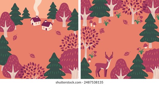 Cozy Autumn Landscape: Cute Houses and Woodland Animals Vector