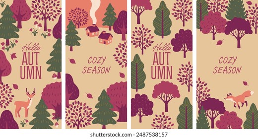 Cozy Autumn Landscape: Cute Houses and Woodland Animals Vector
