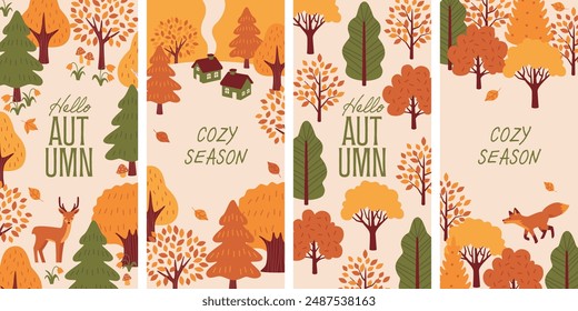 Cozy Autumn Landscape: Cute Houses and Woodland Animals Vector