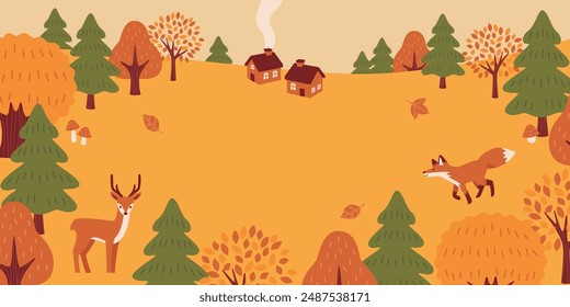 Cozy Autumn Landscape: Cute Houses and Woodland Animals Vector