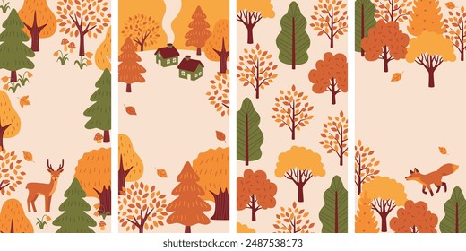 Cozy Autumn Landscape: Cute Houses and Woodland Animals Vector