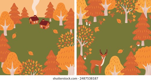 Cozy Autumn Landscape: Cute Houses and Woodland Animals Vector