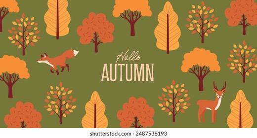 Cozy Autumn Landscape: Cute Houses and Woodland Animals Vector