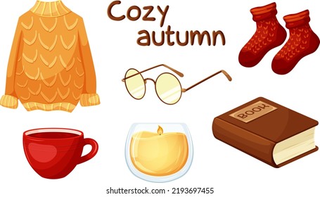 Cozy autumn, lazy, comfortable autumn, autumn hobbies. Set of elements of cozy autumn. Glasses, book, knitted sweater, knitted socks, candlestick, cup of tea
