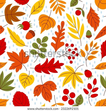 Cozy autumn leaves seamless pattern. Fall leaf falling, harvest season. Forest trees doodle foliage, september nature fabric decent vector print