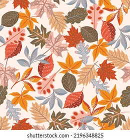 Cozy Autumn Leaves. Vector Illustration EPS 10 , Seamless Pattern Background Of Fall Flower Season ,Design For Fashion , Fabric, Textile, Wallpaper, Cover, Web , Wrapping And All Prints 