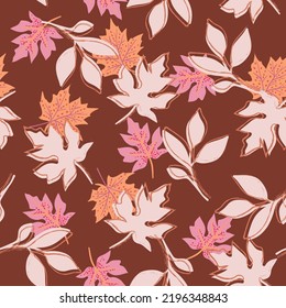 Cozy Autumn Leaves. Vector Illustration EPS 10 , Seamless Pattern Background Of Fall Flower Season ,Design For Fashion , Fabric, Textile, Wallpaper, Cover, Web , Wrapping And All Prints 