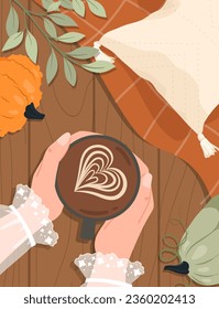 Cozy autumn lifestyle poster concept. Top view at cup with hot drinks, coffee or tea. Comfort and coziness indoor. Pumpkins at table. Poster or banner for website. Cartoon flat vector illustration