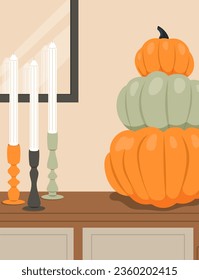 Cozy autumn lifestyle poster concept. Green and orange pumpkins at table near candlesticks. Comfort and coziness indoor. Template, layout and mock up. Cartoon flat vector illustration