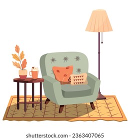 Cozy autumn living room with armchair, table and a lamp. Flat pastel colors vector illustration. Inside residential house. Carpet on floor. Hygge furniture elements