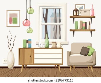 Cozy autumn living room interior with an armchair, a dresser, bookshelves, and colorful hanging lamps. Cartoon vector illustration