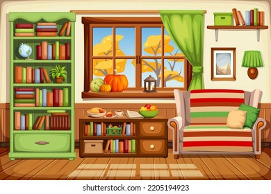 Cozy autumn living room interior with a sofa, a bookcase, and autumn trees outside the window. Cartoon vector illustration