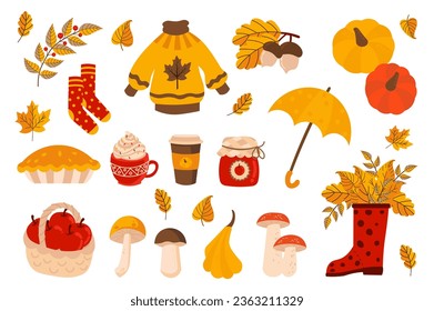 Cozy autumn mega set elements in flat design. Bundle of falling orange leaves, sweater, socks, pumpkins, umbrella, pie, cocoa mug, rubber boots and other. Vector illustration isolated graphic objects