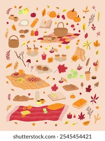 Cozy autumn mega set elements in flat graphic design. Bundle of coffee cups, picnic blankets, pumpkins, books, candles, cinnamon bun, pie, rowan, acorns, fall leaves. Vector illustration isolated.