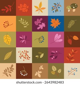 Cozy autumn mosaic tiles with leaves, berries, natural elements on a colorful montage in red, brown, beige, and yellow colors for fabric, wallpaper, gift paper. Seamless flat vector pattern patchwork.