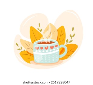 Cozy autumn mug with hot tea or coffee and orange fall leaves. Vector illustration isolated on white background. Hand drawn flat cartoon style