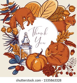 Cozy autumn orange leaves, fox, flowers, pine cone, berries, pumpkin, lantern and butterflies, vector vintage hand drawn greeting card, Hygge Illustration, round frame
