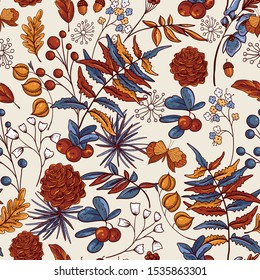 Cozy autumn orange leaves seamless pattern, fowers, pine cone, berries and butterflies, vector vintage hand drawn texture, Hygge Illustration