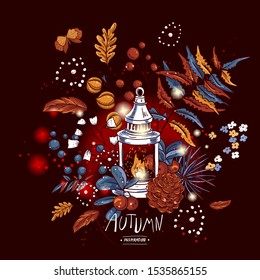 Cozy autumn orange maple leaves, flowers, pine cone, berries, pumpkin, white lantern. Vector vintage hand drawn greeting card, Hygge Illustration