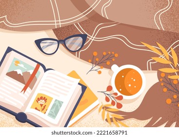 Cozy autumn outdoor picnic. Books, glasses and mug of hot drink on bedspread top view. Nature, active lifestyle and recreation. Vacation and weekend in park. Cartoon flat vector illustration