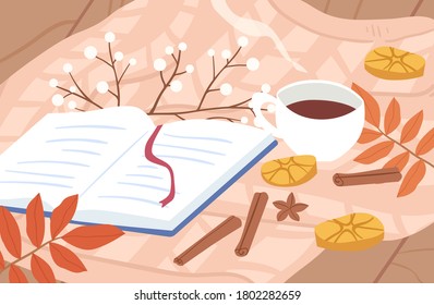 Cozy autumn outdoor picnic composition with open book and hot tea or coffee with cinnamon in cup vector flat illustration. Paper textbook with fall leaves, dry branches and lemon slice on warm plaid