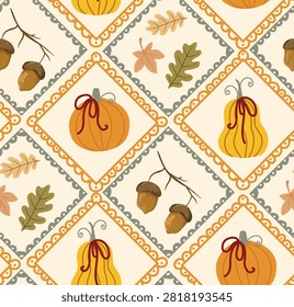 Cozy autumn patchwork seamless pattern. pumpkins with red bows, mushrooms, acorns, and fall leaves inside lace argyle frames. Whimsical cottagecore quilt texture on a cream background for Thanksgiving. Vector illustration.