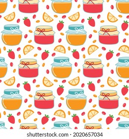 Cozy autumn pattern of cans of orange and strawberry jam, slices of orange and strawberry berries. Colorful illustration with jam for printing on packaging, textiles and wallpaper, postcards, etc.