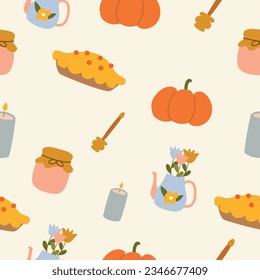 Cozy autumn pattern with fall things and food