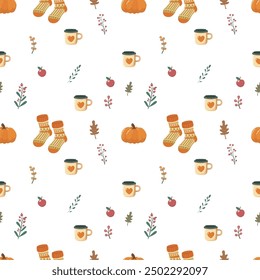 Cozy autumn pattern featuring pumpkins, hot cup, and warm socks on a vector background