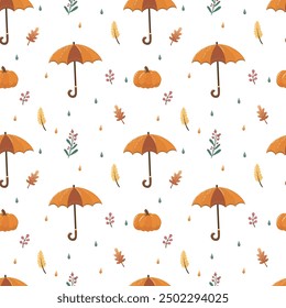 Cozy autumn pattern featuring warm socks, umbrellas, and colorful leaves in a seasonal design