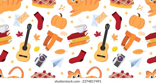 cozy autumn pattern. homely warm autumn atmosphere items, teapot, cat, leaves, mushrooms, umbrella, rainy days. vector cartoon items seamless pattern.