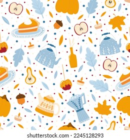 Cozy autumn pattern with pumpkin pie, apple and pear, coffee and tea on white background