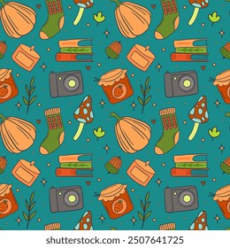 Cozy Autumn Pattern with Pumpkins, Books, and Jars