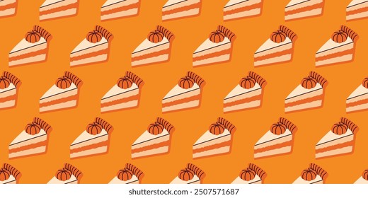 A cozy autumn pattern with a traditional pumpkin pie on an orange background. Autumn seamless pattern. Thanksgiving day.  Sweet food. The annual harvest festival.