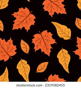 Cozy autumn pattern with yellow, orange, red leaves on a dark background